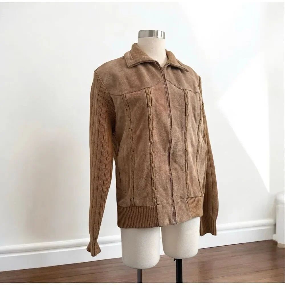 Vintage Chartwell Tan Ribbed Knit Leather Suede Bomber Jacket Coat Large